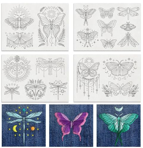 BENECREAT 4 Blatt 19 Stück Mystic Butterfly Wasserlösliche Stickerei, 29.7x21cm Stick-and-Stitch-Stickpapierstabilisator, Wasserlöslich, Handnähen Für Hemden, Mäntel, Taschen
