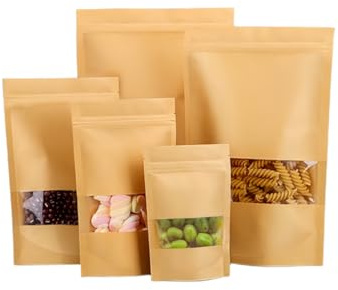 DAMDAM GO | Bolsa de Papel Kraft Con Ventana,Bolsas Ziplock Reutilizables, Bolsas Papel A Prueba de Humedad, Bolsas de Papel para Té, Dulces, Semillas, Frutos Secos (60 Unidades - 17x24cm)