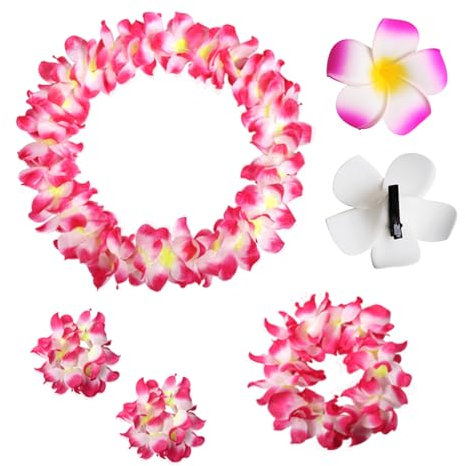5 Pezzi Ghirlanda Hawaiana Collana di Fiori Per Feste Hawaii, Ghirlanda di Fiori Luau Leis Ghirlanda Collana Fiori Collana Fascia Braccialetto Fermagli Capelli Per Feste Rave Carnevale (Rosa rossa)