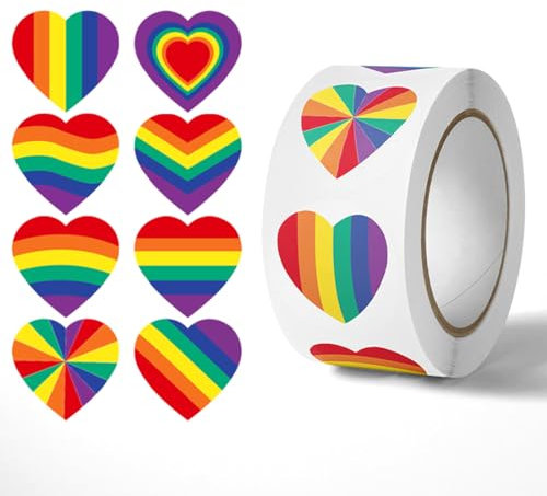 KSJEHW 500 Regenbogenstreifen-Herzaufkleber für LGBTQ-Paraden und Veranstaltungen