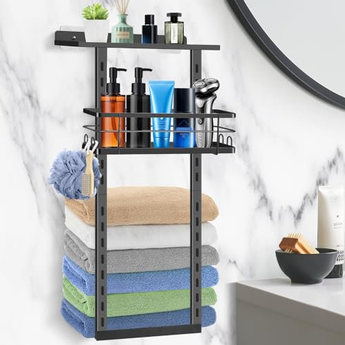 Newfulam Porte-serviettes mural sans perçage avec étagère pour salle de bain - Étagère multifonction avec étagères et panier - Noir - Sans perçage