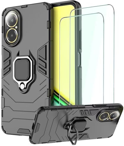 DERHAN Funda para Realme C67, Fundas Resistente​y Duradero con Cristal Templado [2 Piezas], Carcasa Antigolpes Bumper con Soporte Anillo - Negro