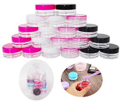Wopanxye 20pack 3g Empty Sample Jars, 3ml Small Cosmetic Container for Makeup Eyeshadow Nails Oils Lip Balm Scrubs Jewelry Cream, 3 Gram Plastic Clear Pot with Cap Lid (Black/White/Pink/Rose Red)