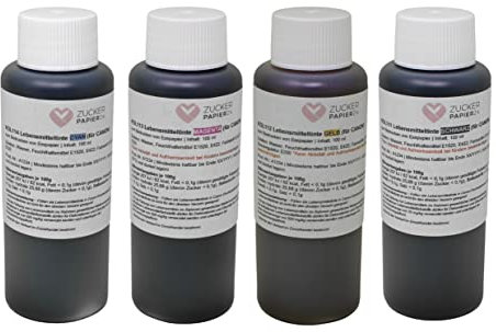 Zuckerpapier24® Set d'encre alimentaire 4x100ml (noir, jaune, magenta, cyan); pour imprimantes Canon - impression alimentaire sur papier alimentaire pour gâteaux [KOL100]