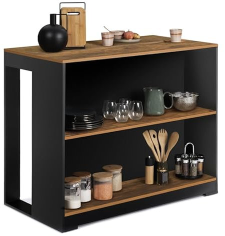 IDMarket – Mesa de bar isla Juno madera negra y bandeja oscura Hawkins