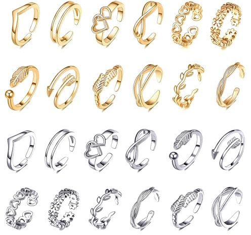 SREBIWO 24Pcs Adjustable Toe Rings Set for Women - Gold Silver Plated Open Knuckle Rings - Arrow Knot Star Moon Foot Ring Set for Beach and Various Parties