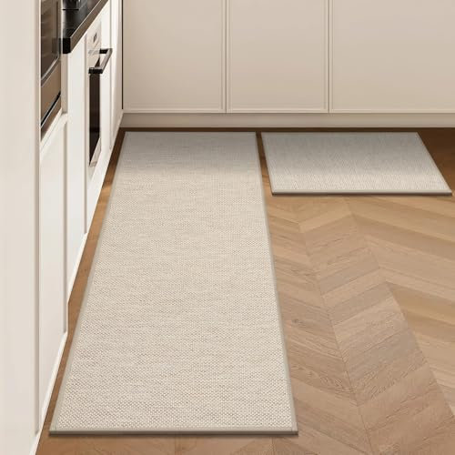 LEKEEPGO Küchenteppich Waschbar rutschfest 43x75cm+43x200cm, 2 Stück Küchenläufer rutschfest, Küchen Teppiche, Waschbarer Teppich Läufer Flur, Saugfähig Teppichläufer für Küche,Flur,Waschküche, Beige
