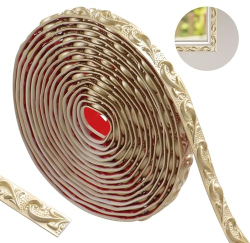 ztowoto Flexibles selbstklebendes Tapetenbordüre, 600 cm, wasserdicht, 3D-Vintage-Muster, abziehbar und aufklebbar, Champagner-Gold, 2 cm, Wandbordüre
