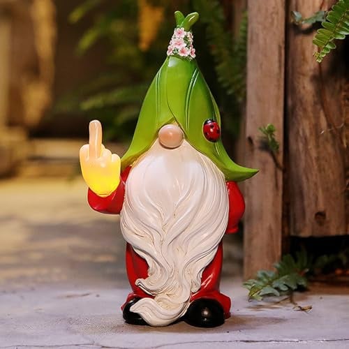 lustig Gnom Gartenfigur,Solar Gartenzwerg Statuen,Solar Gartenzwerg Kunstharz,Gartenzwerg Dekor,Solar Zwerge Dekorationen halten magische Kugel,Gartenzwerg mit Solar LED Leuchten (Mittelfinger)