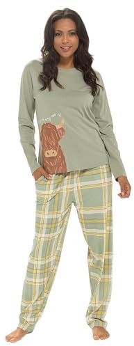 Daisy Dreamer Pyjama Set Women's Cotton Jersey Pyjamas Lounge Wear Long Sleeve Grey PJs, Highland Cow Small