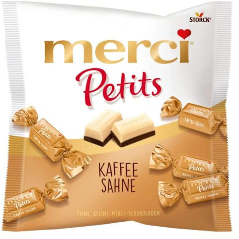 Kaffee Sahne 125g- Chocolats Merci Petits Carrés Fourrés au Café-Crème | Boîte de 125g - Confiserie Allemande- Super Idée de cadeau - Compatible avec Merci Petits
