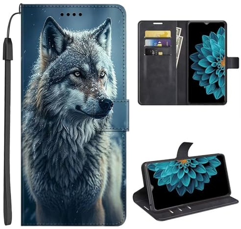 SEHEYA Klapphülle für Samsung Galaxy Xcover 7 Lederhülle Handyhülle mit Motiv Muster Flip Brieftasche 3 Kartenhüllen Handy Hülle Schutzhülle Wallet Case, Schnee Grau Wolf