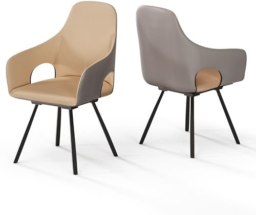 FATIVO Drehbar Esszimmerstühle 2er Set Leder Küchenstühle mit Armlehne, Drehstühle Esszimmer für Esstisch Beige Grau modern Essstühle Set aus Luxus Stühle Belastbar 150kg für Esszimmer Restaurant Cafe