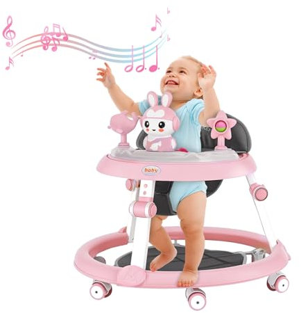 joukares Trotteur Bébé Pliable, Trotteur Bébe réglable en Hauteur avec Roues Silencieuses, Centre d'Activités avec Musique et Lumières, pour Bebé de 6 à 18 Mois, Charge 12 kg Rose