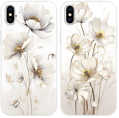 Phoona 2 Packs Flower Floral Pattern Phone Case for iPhone X 5,8, Cute Aesthetic Design Print Funda with TPU Slim Liquid Silicone Shockproof Protection Soft Phone Cover for Women Girls