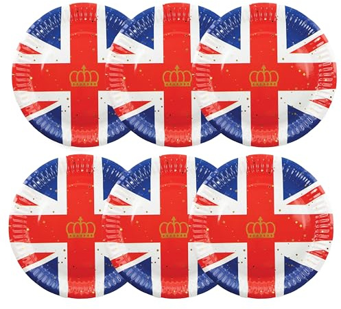Plato clásico de la bandera británica rojo, blanco y azul, paquete de 2 (20 platos) – Fiesta del Día Ve – Perfecto para fiestas británicas, históricas y callejeras