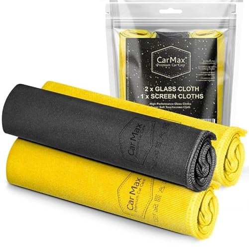 CarMax® Glass and Touchscreen Cloths, Two Lint Free, High Performing Cleaning Cloths for Glass and Mirrors, One Super Soft Suede Finish Microfibre for Touchscreens, and High Gloss interior elements.