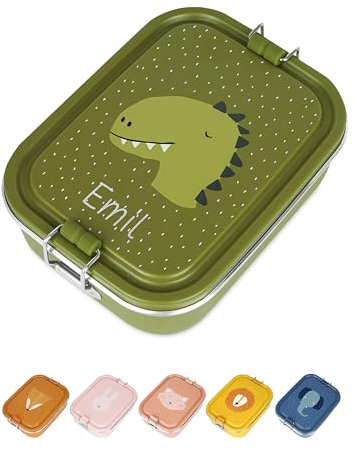 wunderwunsch TRIXIE Lunchbox Edelstahl Tier personalisiert, individualisiert mit deinem Wunschnamen, für Schule, Kindergarten als Geschenk für Kinder zur Einschulung (Dino mit Name, klein)