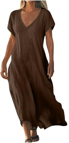 AACH Strandkleid Damen Lang Sommerkleider Elegant Kurzarm Freizeitkleid Lose Boho Maxikleid V-Ausschnitt Kleider Baumwolle Leinen Kleid Beach Einfarbig Leinenkleid Casual Fließend Blusenkleid