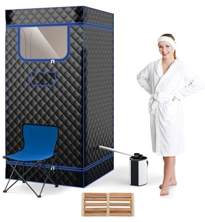 HOMASIS Sauna a Vapore Portatile da 3 L, 1000W, Sauna da Casa con Finestra Trasparente, Telecomando, Massaggiatore per Piedi e Sedia Pieghevole, per SPA Domestica, 91 x 91 x 183 cm (Nero)