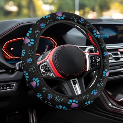 Wanyint Pfoten Lila Blau Auto-Lenkradbezug für Frauen, Universal 15 Zoll (38,1 cm) Welpen-Fußabdruck Automobil-Lenkradbezug Rutschfest Einfach zu Installieren
