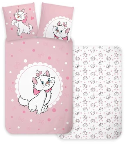 Disney Aristocats Marie Cat Cot Size Bedding Set | Duvet Cover 100x135 cm + Pillowcase 40x60 cm | 100% Cotton | Soft Bedlinen Set for Baby or Small Bed | Child-safe & Breathable Cot Bedding