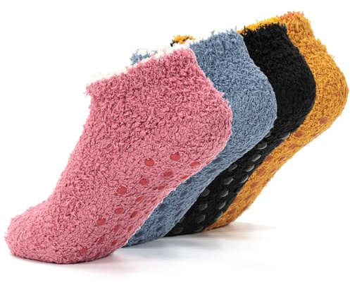 Kunoli 4 Pack Fluffy Slipper Socks Thermal Slipper Bed Socks for Women Men | Warm Non Slip Grip Slipper Socks for Winter Causal Home Sleeping, Fit UK 5-7