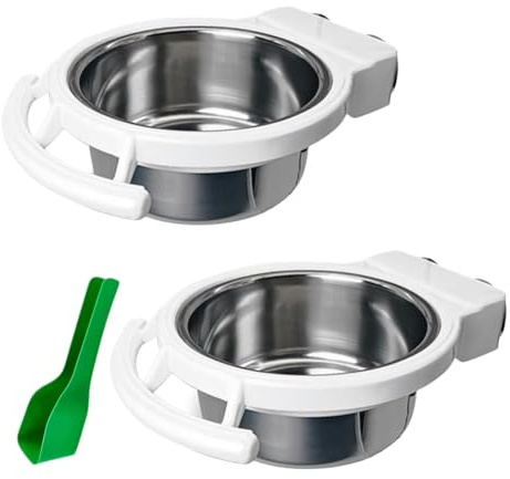 Wzxksoac Bird Feeding Dish Cups 2 PCS Stainless Steel Hanging Bird Bowls Food Container with Spoon Perch Stand for Birds
