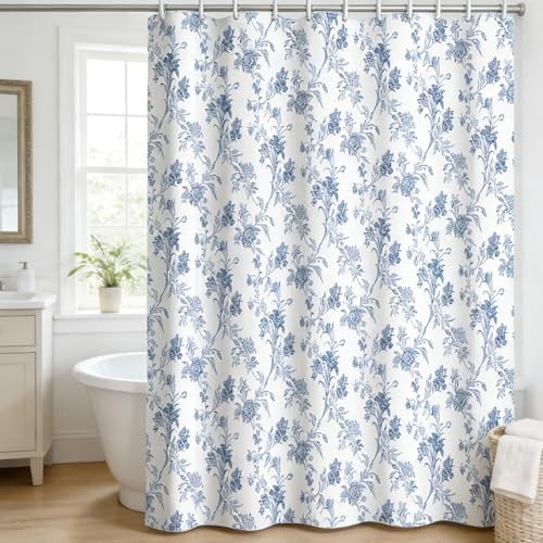 WELTRXE Rideau de Douche Bleu 180 x 200 cm, Rideau de Baignoire Anti-moisissure en Tissu avec Motif à Floral Vintage Bleu, Imperméable, Lavable