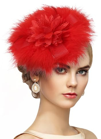 ETOFETE Fascinator Damen, Mesh Blume Feder Kopfschmuck Fascinator Hut mit Haarspange Haarreif Plüsch Untertasse, 20er Jahre Haarschmuck Faschingshut für Karneval Cocktail Tee Party
