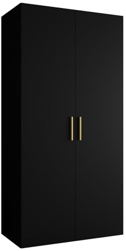 MEBLE KRYSPOL - Kleiderschrank - Garderobenschrank - 100 cm x 202 x 52 cm - Schrank mit Kleiderstange, 2 Türen - für Schlafzimmer, Flur - BARI, Schwarz, Griff Gold