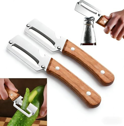 Pelapatate Multifunzione per La Cucina, 2026 Nuovo Pelapatate Ultra Affilate in Acciaio Inox Con Manico in Legno e Apribottiglie Integrato, Carote e Ogni Tipo di Verdura e Frutta (2Pcs)