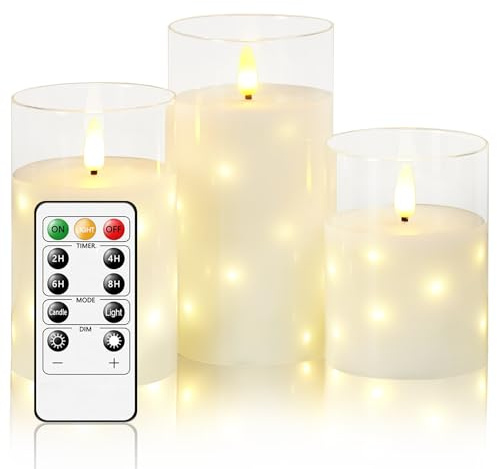 LED Flameless Candles, Battery Candles Flickering Set, Built in Hidden String, 11 Key Remote Control & Timer, Glass Real Wax, Set of 3, H 4 5 6 (White)
