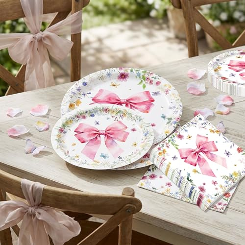 JeVenis 40PCS Pink Bow & Flowers Plates Napkins Set Birthday Bridal Party | Pink Bow Design, Disposable Paper Plates & Napkins, Bridal Shower & Bachelorette Decorations, Birthday Party Supplies Favors