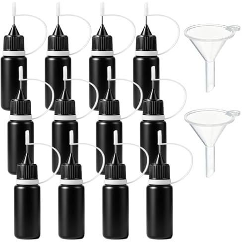 12Pcs Black Precision Tip Applicator Bottles with 2 Funnel, 10ml Fine Tip Metal Needle Applicator Bottle for DIY Crafts Acrylic Painting