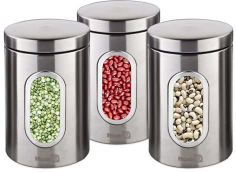 Homiu 3-Piece Stainless Steel Canister Set, Silver | Food Storage Jar Air Tight Container | Sugar, Tea, Coffee Jars | Kitchen Canister Set For Home, Kitchen, Counter