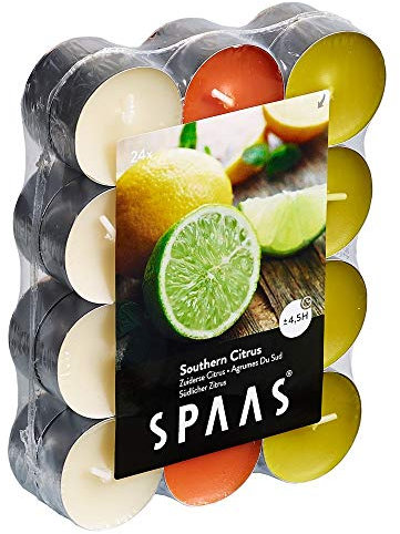Spaas 24 lumini profumati, Colori Assortiti, ± 4,5 Ore – Southern Agrumi, Varie, Giallo Autunnale, 4 cm, unità