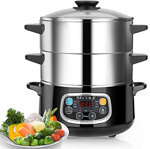 Secura Electric Food Steamer, Vegetable Double Tiered Stackable Baskets with Timer 1200W Fast Heating Stainless Steel Digital Steamer 8.5 Quart