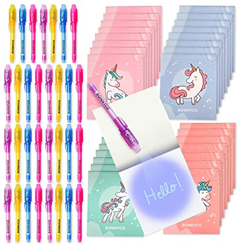BONNYCO UV Stift und Notizbuch, 32 Stück Einhorn Mitgebsel Kindergeburtstag Mädchen & Jungen | Kindergeburtstag Gastgeschenke, Adventskalender und Kleine Geschenke für Kinder - Einhorn Deko
