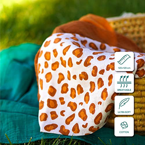 Tommy Lise Musselin Tuch Baby 120x120-100% Bio Baumwolle Bequem und Weich Musselin Decke Baby, Musselin Tücher Baby, Babydecke Musselin, Musselin Tuch Kinder, Musselin Babydecke - White Leopard