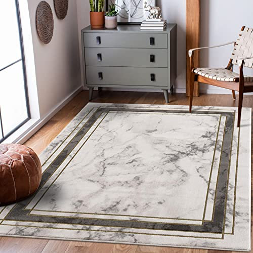 carpet city Teppich Wohnzimmer - Bordüre 160x230 cm Grau Golden Meliert - Moderne Teppiche Kurzflor