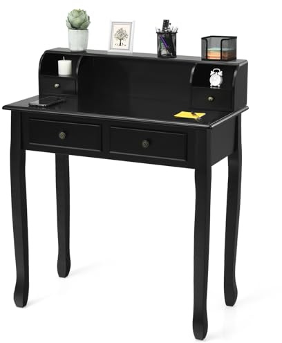 GIANTEX Writing Desk with 4 Drawers, Removable Floating Organizer 2-Tier Mission Home Computer Vanity Desk for Apartment Small Space (Black)