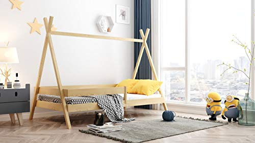 WFL GROUP Tipi Hausbett Kinderbett Massivholz Kiefer 90x200 cm – Montessori Bett mit Rausfallschutz – Einzelbett für Jungen und Mädchen – Kleinkinder Bett aus Kiefer Natur