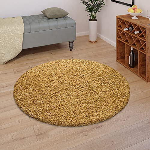 TT Home Teppich Hochflor Wohnzimmer Shaggy Soft Und Flauschig Moderne Unifarbene Designs, Farbe:Gelb, Größe:Ø 120 cm Rund