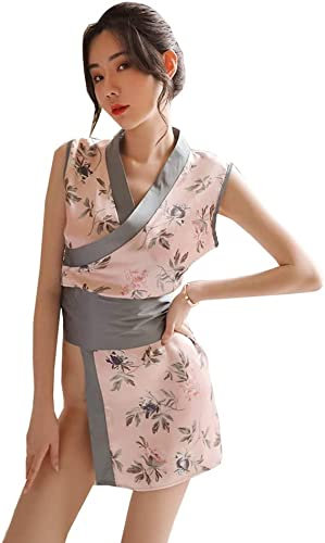 HNYBD Kimono japonais sexy pour femme avec string - Ceinture oblique col en V - Oiseau et fleurs - Soie lâche - Robe de nuit courte, rose, L