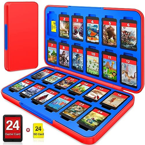 Switch Game Case with 24 Game Holder Compatible with Nintendo Switch&Switch OLED Game Card, CYKOARMOR Compact Switch Cartridge Case Red Blue