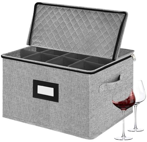 Weinglas-Aufbewahrungsbox mit Trennwänden, China-Aufbewahrungsbehälter, für 12 Weingläser oder Hartschalen-Kristallglaswaren mit hartem Deckel, Etikettenfenster und stabilen Griffen (hellgrau)