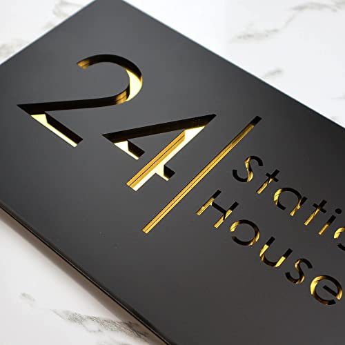 K Smart Sign | Bellissima H2 | Laser Cut Matt Black & Gold Mirror Floating House Sign Plaques Address Door Number | 300mm x 160mm…