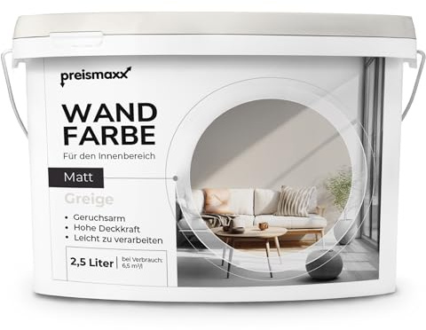 Preismaxx Wandfarbe Grau Greige hohe Deckkraft matt hochdeckend 2,5l | Für Wände, Decken, Putz, Tapete & Altanstriche, geruchsarm, tropfgehemmt, Renovierung & Neuanstrich