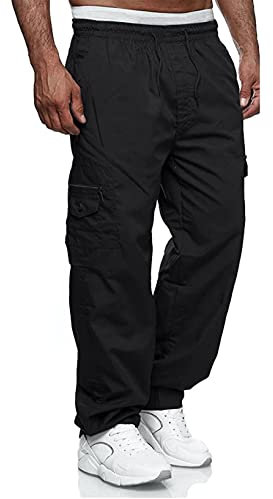 Jolicloth Hosen Herren Cargo Baumwolle Outdoor Lange Baggy Hose Casual Freizeithose Pants mit Drawstring Regular Fit Schwarz L